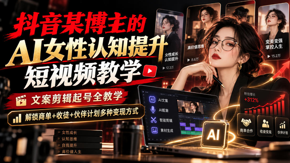 抖音某博主的Ai女性认知提升短视频教学，文案剪辑起号全教学，解锁商单+收徒+伙伴计划多种变现方式-小艾项目网
