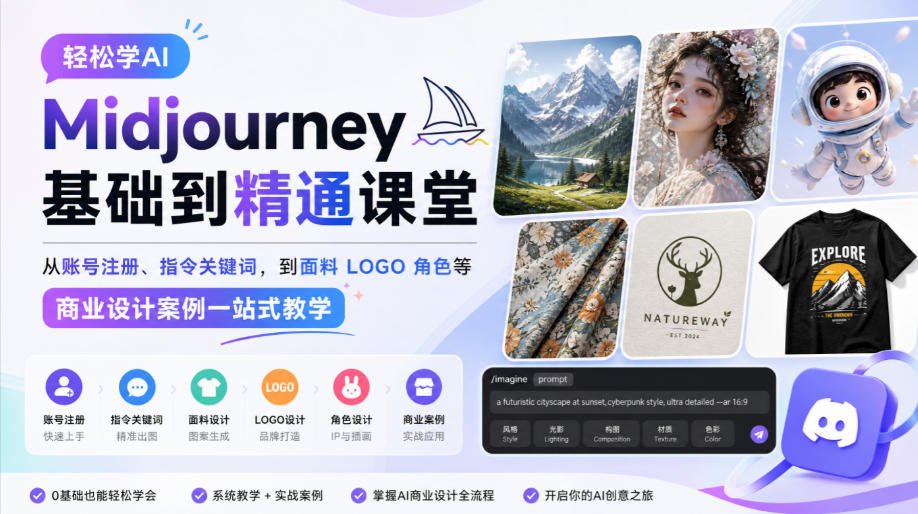 轻松学AI Midjourney基础到精通课堂，从账号注册、指令关键词，到面料LOGO角色等商业设计案例一站式教学-小艾项目网
