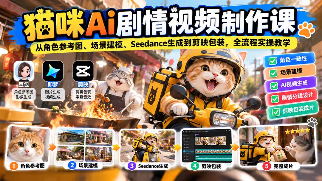 猫咪AI剧情视频制作课:从角色参考图、场景建模、Seedance生成到剪映包装,全流程实操教学-小艾项目网