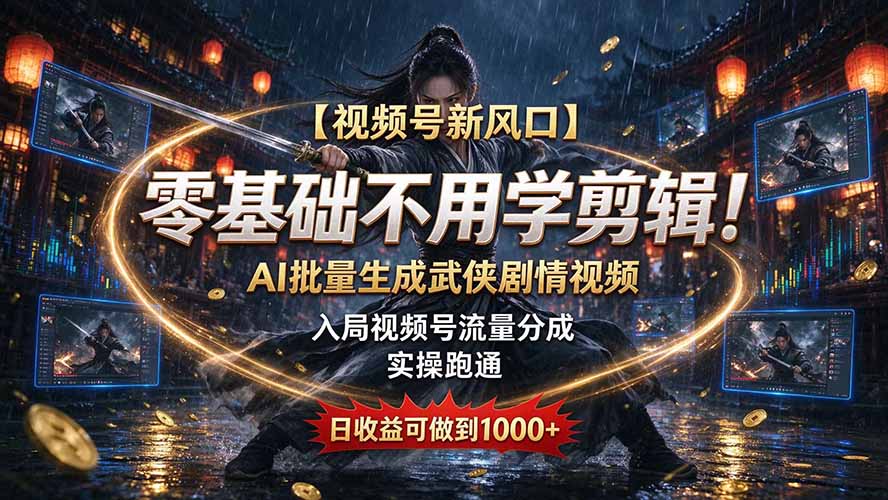 【视频号新风口】零基础不用学剪辑！AI 批量生成武侠剧情视频，入局视频号流量分成，实操跑通，日收益可做到 1000+-小艾项目网