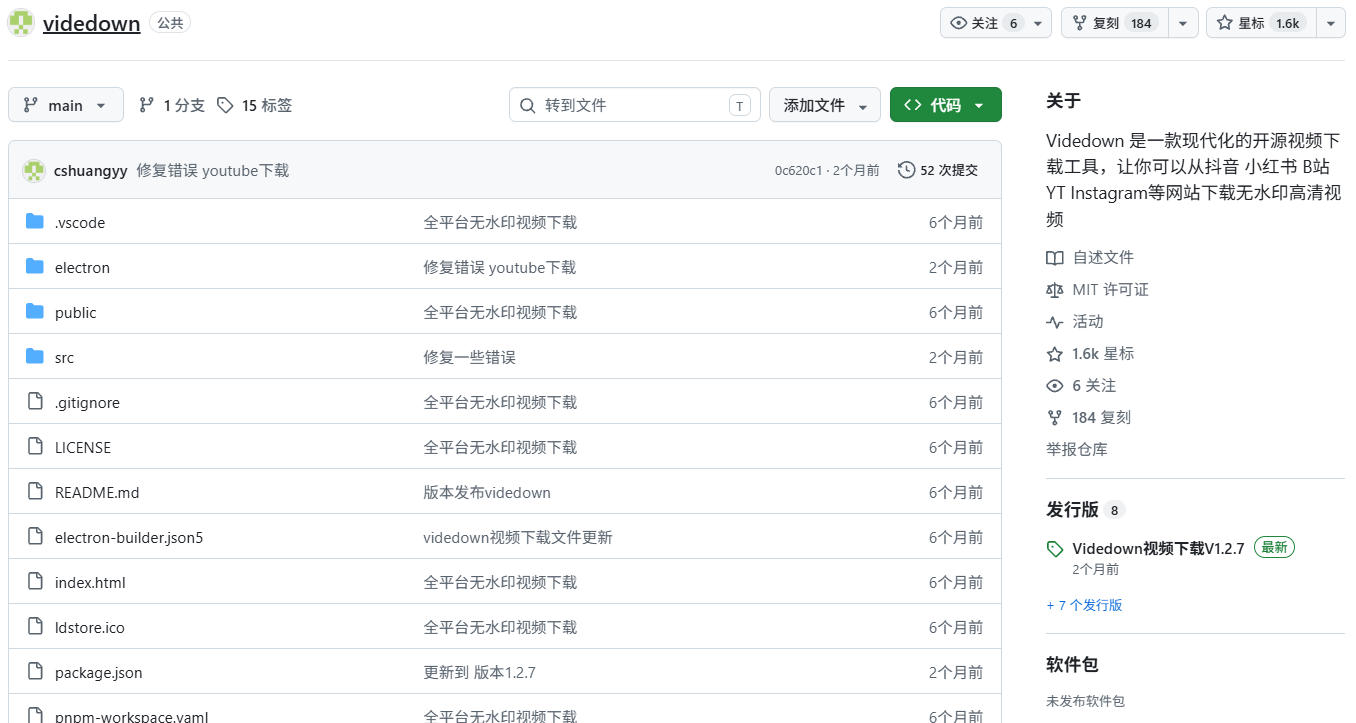 GitHub上1.6k stars开源下载器,界面清爽免费用,小红书某音B站youtube视频一键保存Videdown