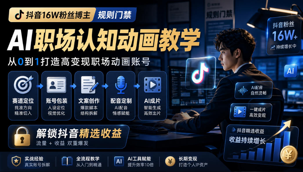 抖音16W粉丝博主规则门禁的AI职场认知动画教学，从赛道定位、账号包装，到文案创作、配音定制、AI成片，解锁抖音精选收益-小艾项目网