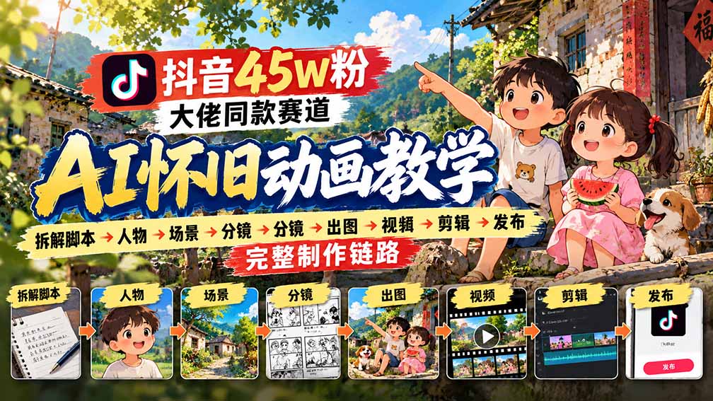抖音45W粉大佬同款赛道AI怀旧动画教学：拆解脚本→人物→场景→分镜→出图→视频→剪辑→发布完整制作链路-小艾项目网