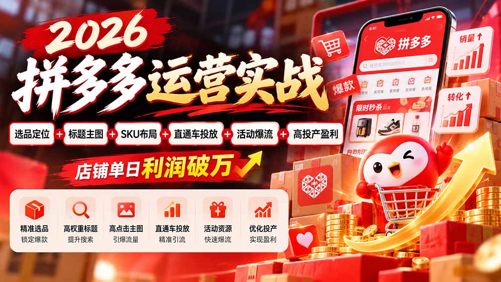 2026拼多多运营实战-更新1002：选品定位+标题主图+SKU布局+直通车投放+活动爆流+高投产盈利 店铺单日利润破万-小艾项目网