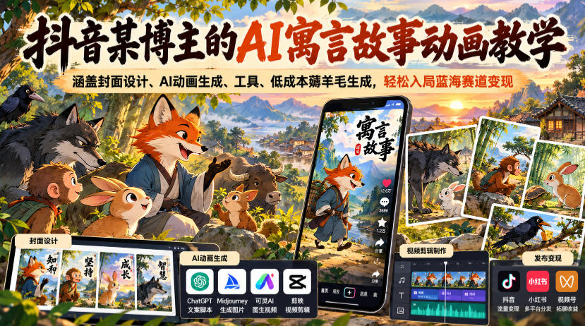 抖音某博主的AI寓言故事动画教学，涵盖封面设计、AI动画生成、工具、低成本薅羊毛生成，轻松入局蓝海赛道变现-小艾项目网