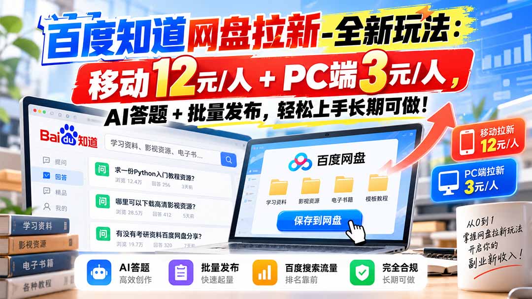 百度知道网盘拉新-全新玩法:移动12元/人+PC端3元/人,AI答题+批量发布,轻松上手长期可做!-小艾项目网