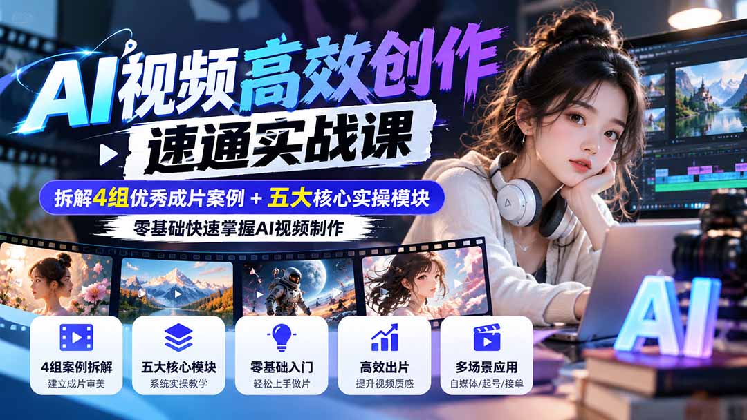 【无水印】AI视频高效创作速通实战课:拆解4组优秀成片案例+五大核心实操模块,零基础快速掌握AI视频制作-小艾项目网