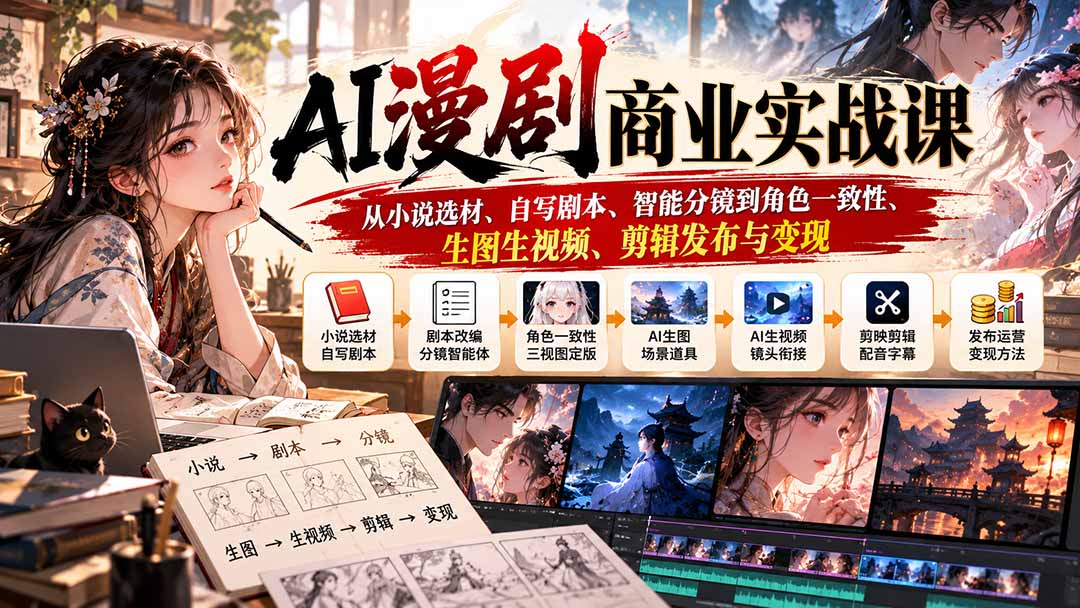 AI漫剧商业实战课：从小说选材、自写剧本、智能分镜到角色一致性、生图生视频、剪辑发布与变现-小艾项目网