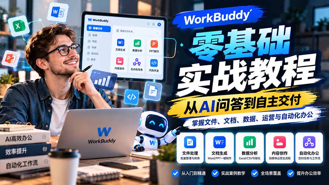 WorkBuddy零基础实战教程：从AI问答到自主交付，掌握文件、文档、数据、运营与自动化办公-小艾项目网