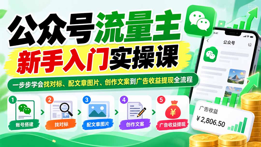 公众号流量主新手入门实操课:一步步学会找对标、配文章图片、创作文案到广告收益提现全流程-小艾项目网