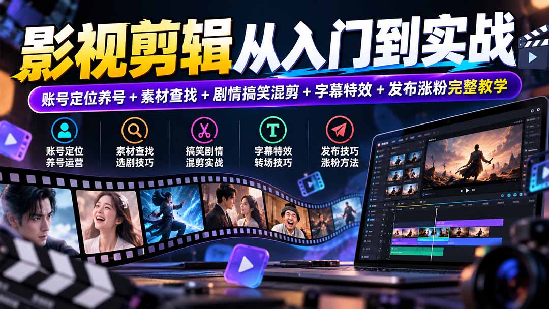 影视剪辑从入门到实战：账号定位养号+素材查找+剧情搞笑混剪+字幕特效+发布涨粉完整教学-小艾项目网