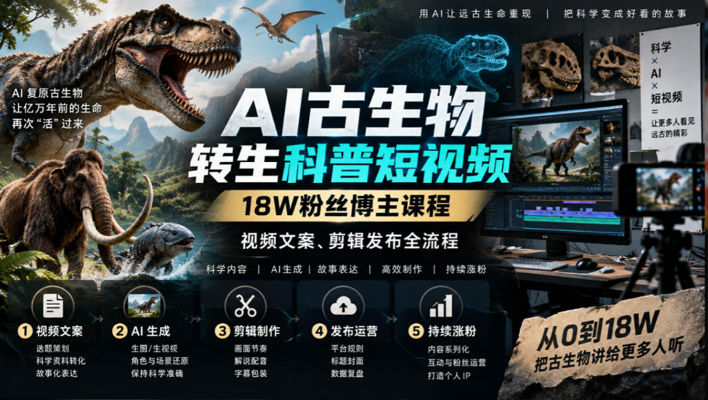 AI古生物转生科普短视频,18W粉丝博主课程,视频文案、剪辑发布全流程-小艾项目网