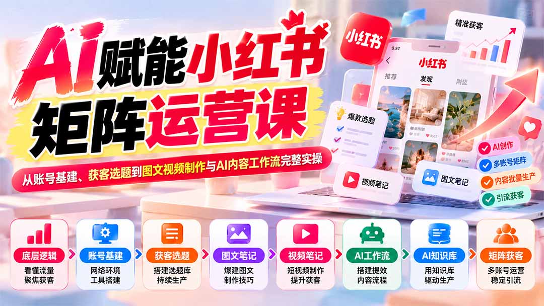 AI赋能小红书矩阵运营课:从账号基建、获客选题到图文视频制作与AI内容工作流完整实操-小艾项目网