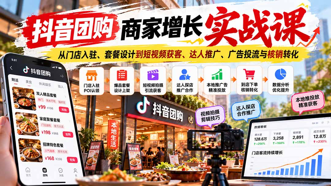 抖音团购商家增长实战课:从门店入驻、套餐设计到短视频获客、达人推广、广告投流与核销转化-小艾项目网