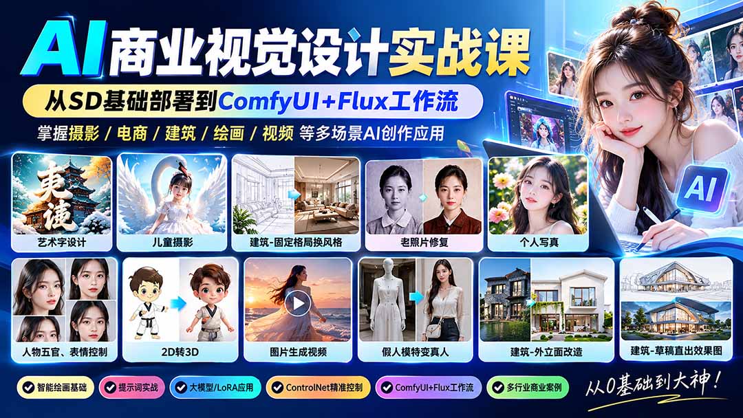 【无水印】AI商业视觉设计实战课:从SD基础部署到ComfyUI+Flux工作流,掌握摄影电商建筑AI创作-小艾项目网