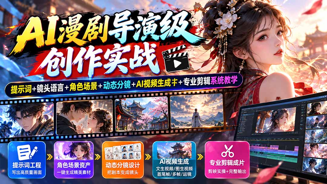 AI漫剧导演级创作实战:提示词+镜头语言+角色场景+动态分镜+AI视频生成+专业剪辑系统教学-小艾项目网