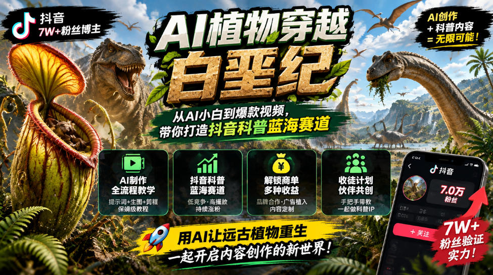 抖音7W粉丝博主的AI植物穿越白垩纪教学，抖音科普蓝海赛道，解锁商单收徒伙伴计划等多种收益-小艾项目网