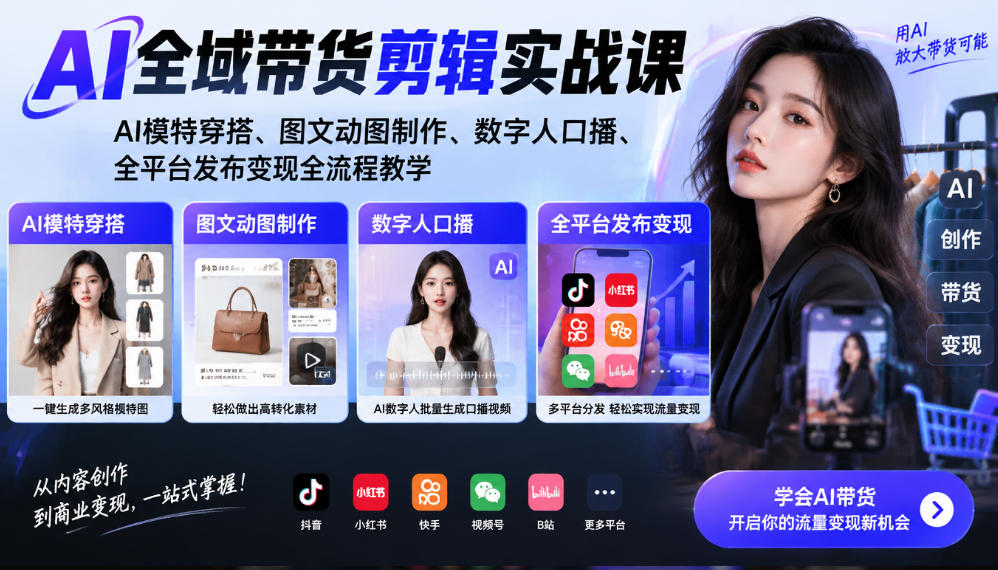AI全域带货剪辑实战课｜AI模特穿搭、图文动图制作、数字人口播、全平台发布变现全流程教学-小艾项目网