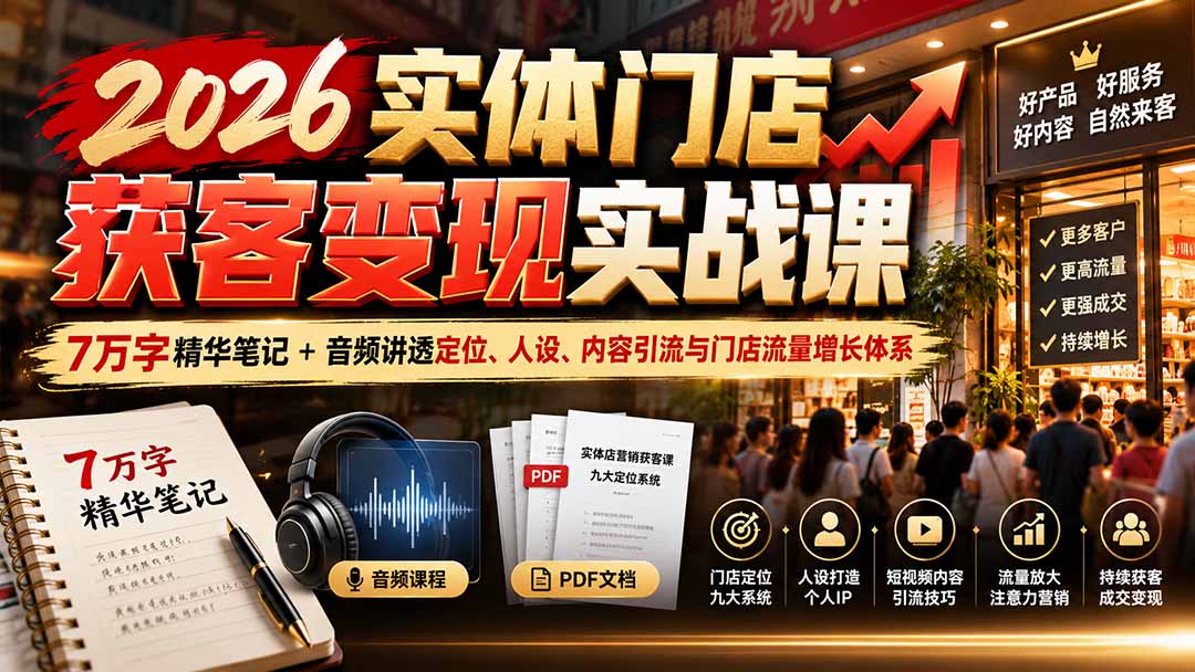 2026实体门店获客变现实战课:7万字精华笔记+音频讲透定位、人设、内容引流与门店流量增长体系-小艾项目网