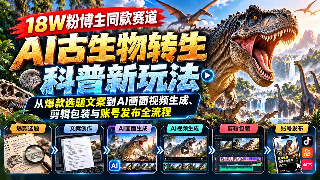 18W粉博主同款赛道-AI古生物转生科普新玩法:从爆款选题文案到AI画面视频生成、剪辑包装与账号发布全流程-小艾项目网