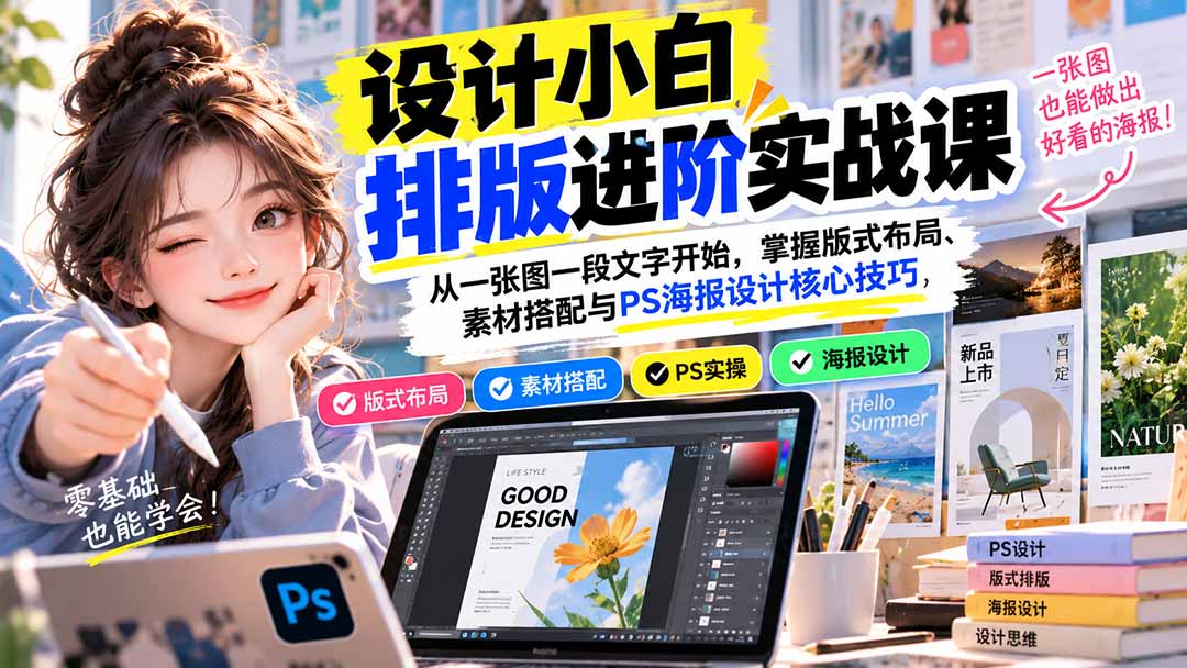 设计小白排版进阶实战课：从一张图一段文字开始，掌握版式布局、素材搭配与PS海报设计核心技巧-小艾项目网