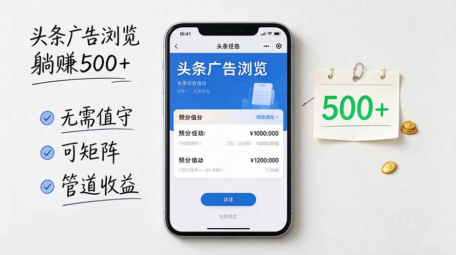 头条广告浏览躺赚500+无需值守，可矩阵并附有管道收益-小艾项目网