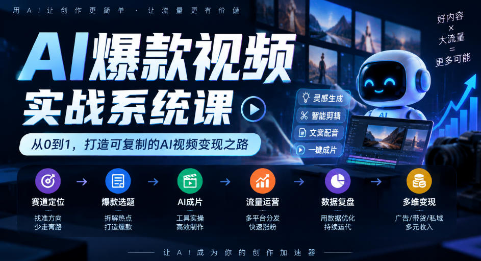 AI爆款视频实战系统课｜赛道定位、爆款选题、AI成片、流量运营、数据复盘、多维变现全链路教学-小艾项目网