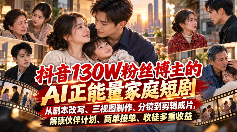 抖音130W粉丝博主的AI正能量家庭短剧，从剧本改写、三视图制作、分镜到剪辑成片，解锁伙伴计划、商单接单、收徒多重收益(更新1007)-小艾项目网
