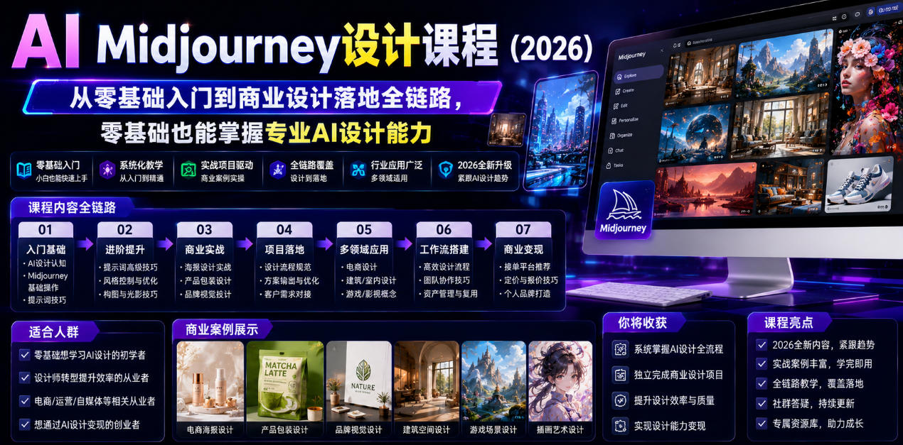 AI Midjourney设计课程(2026)，从零基础入门到商业设计落地全链路，零基础也能掌握专业AI设计能力(更新1007)-小艾项目网