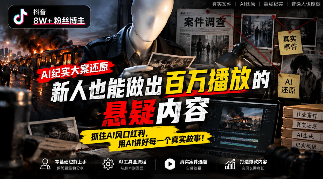 抖音8W粉丝博主的AI纪实大案还原教学，新人也能做出百W播放的悬疑内容，抓住AI风口红利，用AI讲好每一个真实故事-小艾项目网