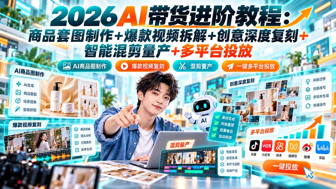 2026AI带货进阶教程：商品套图制作+爆款视频拆解+创意深度复刻+智能混剪量产+多平台投放-小艾项目网