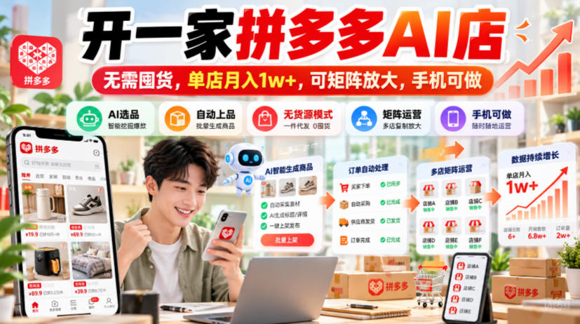 开一家拼多多AI店，无需囤货，单店月入1w+，可矩阵放大，手机可做【揭秘】-小艾项目网