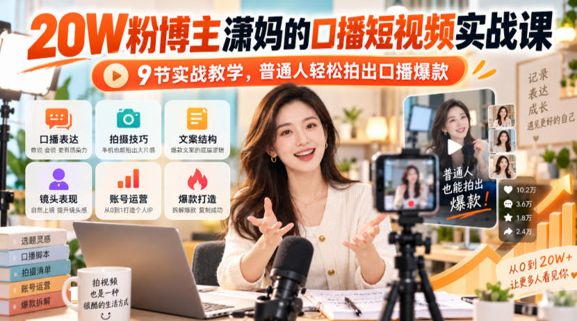20W粉博主潇妈的口播短视频实战课，9节实战教学，普通人轻松拍出口播爆款-小艾项目网