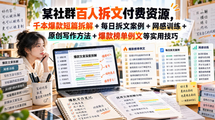 (无水印)某社群百人拆文付费资源，千本爆款短篇拆解+每日拆文案例+网感训练+原创写作方法+爆款榜单例文等实用技巧(更新1009)-小艾项目网