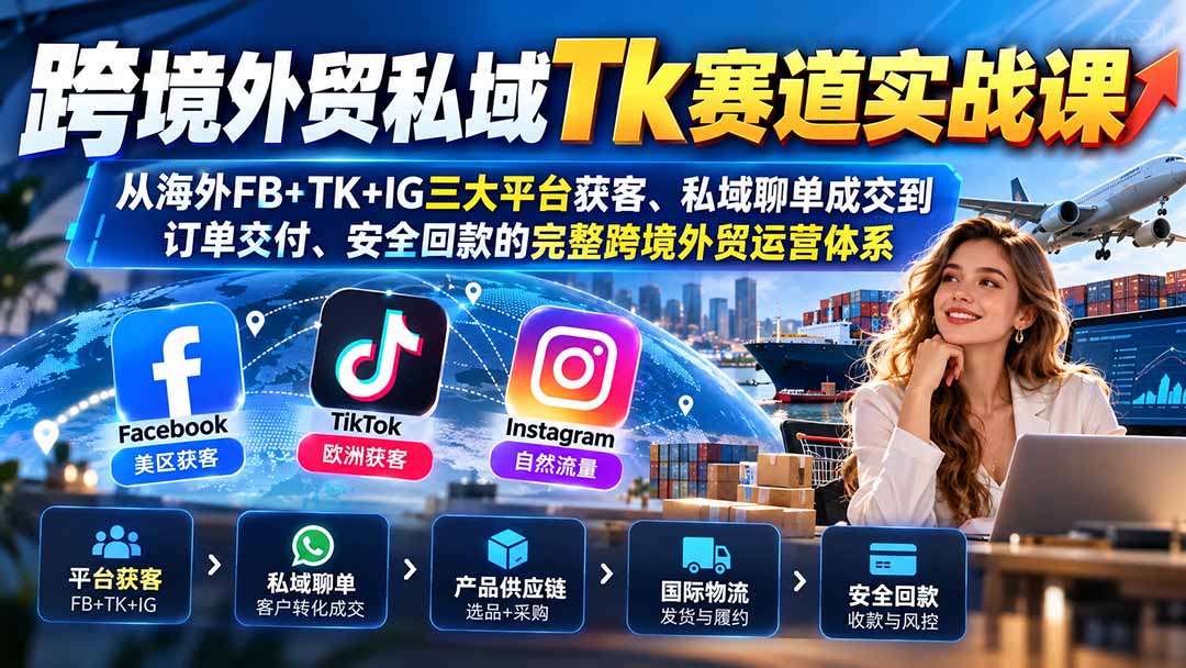 跨境外贸私域Tk赛道实战课：从海外FB+TK+IG三大平台获客、私域聊单成交到订单交付、安全回款的完整跨境外贸运营体系-资源宝库