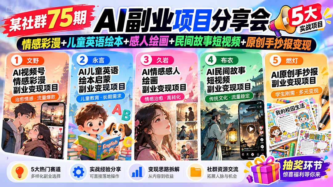 某社群75期AI副业项目分享会:情感彩漫+儿童英语绘本+感人绘画+民间故事短视频+原创手抄报变现-资源宝库