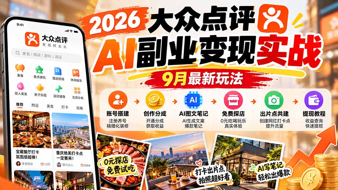 2026大众点评AI副业变现实战9月最新玩法:账号搭建+创作分成+AI图文笔记+免费探店+出片点共建与提现教程-小艾项目网