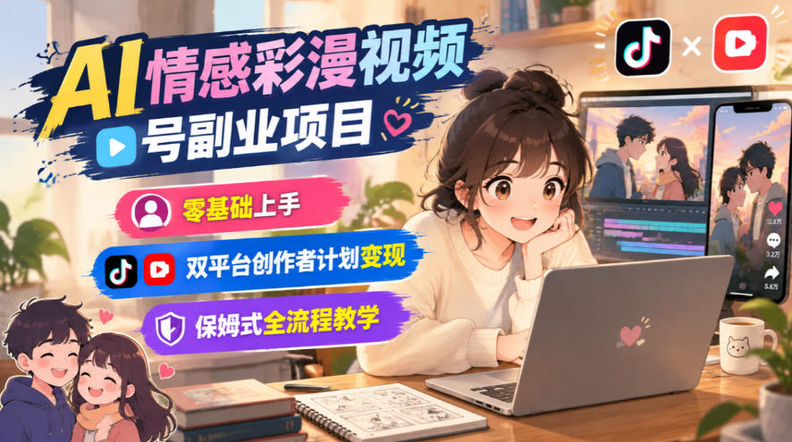 AI情感彩漫视频号副业项目，零基础上手，双平台创作者计划变现，保姆式全流程教学-资源宝库
