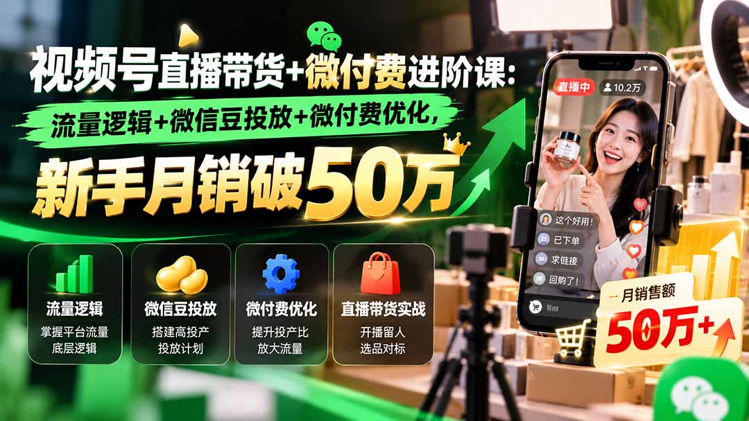 视频号直播带货+微付费进阶课-更新1010:流量逻辑+微信豆投放+微付费优化,新手月销破50万-资源宝库