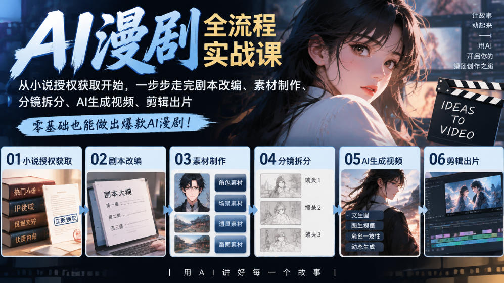 AI漫剧全流程实战课｜从小说授权获取开始，一步步走完剧本改编、素材制作、分镜拆分、AI生成视频、剪辑出片全流程-小艾项目网