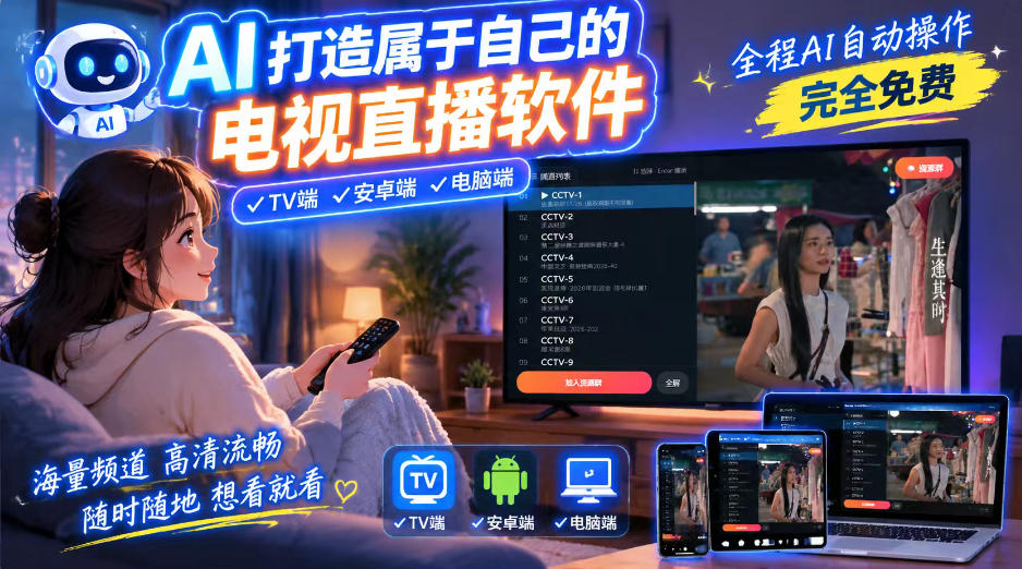 一个提示词，AI全自动做出电视直播软件，电脑、安卓、电视三端通用，完全免费，画质流畅不卡顿-资源宝库