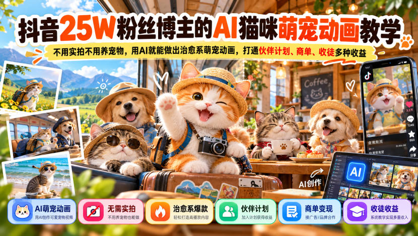 抖音25W粉丝博主的AI猫咪萌宠动画教学,不用实拍不用养宠物,用AI就能做出治愈系萌宠动画,打通伙伴计划、商单、收徒多种收益-资源宝库
