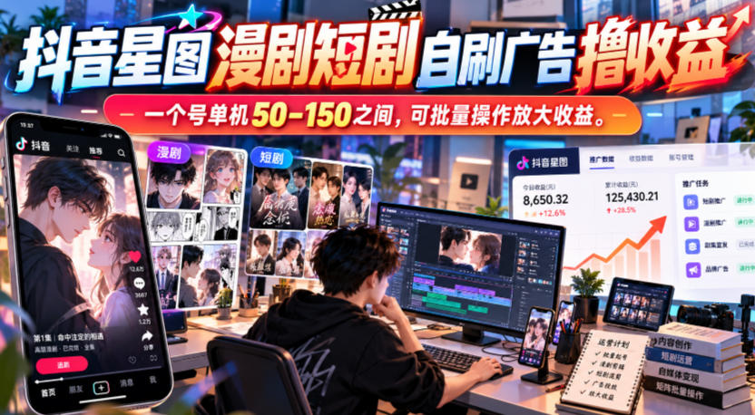 抖音星图漫剧短剧自刷广告撸收益,一个号单机50-150之间,可批量操作放大收益-资源宝库