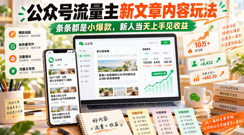 公众号流量主新文章内容玩法,条条都是小爆款,新人当天上手见收益-资源宝库