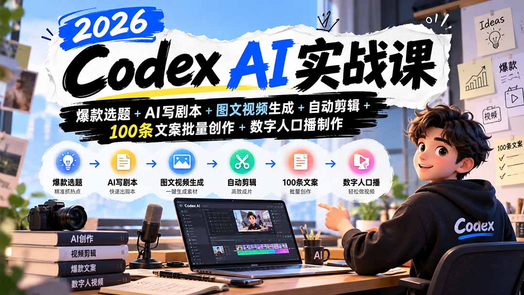 2026Codex AI实战课:爆款选题+AI写剧本+图文视频生成+自动剪辑+100条文案批量创作+数字人口播制作-小艾项目网