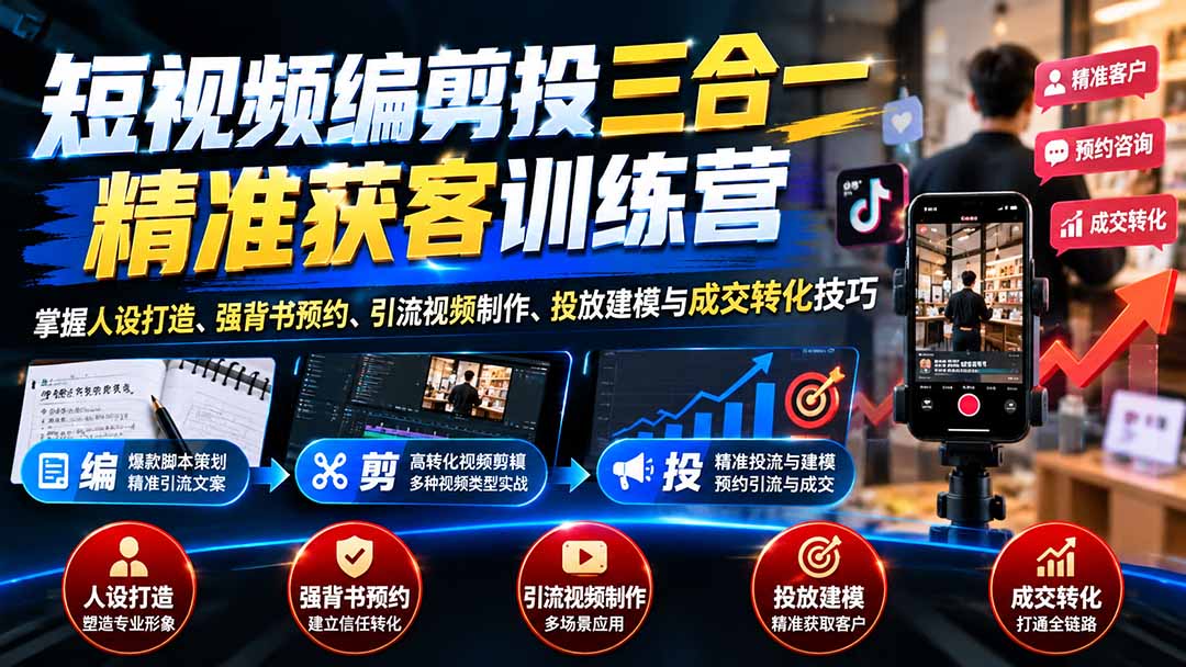 短视频编剪投三合一精准获客训练营：掌握人设打造、强背书预约、引流视频制作、投放建模与成交转化技巧-小艾项目网