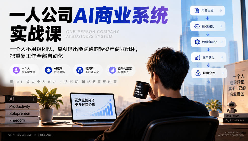 一人公司AI商业系统实战课,一个人不用组团队,靠AI搭出能跑通的轻资产商业闭环,把重复工作全部自动化-小艾项目网