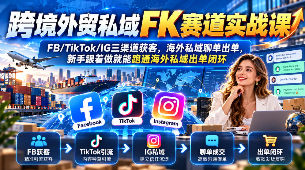 跨境外贸私域FK赛道实战课｜FB/TikTok/IG三渠道获客，海外私域聊单出单，新手跟着做就能跑通海外私域出单闭环-资源宝库