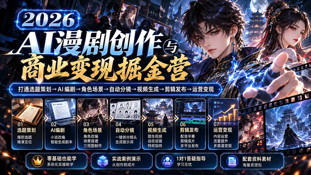 【无水印】2026AI漫剧创作与商业变现掘金营：打通选题→AI编剧→角色场景→自动分镜→视频生成→剪辑发布→运营变现-小艾项目网