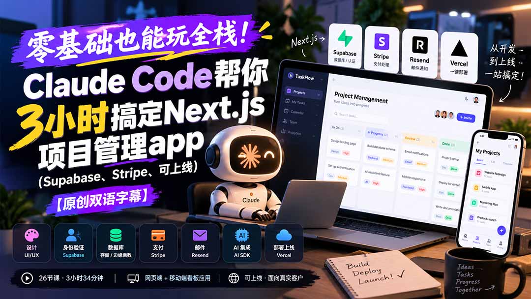 零基础也能玩全栈！Claude Code帮你3小时搞定Next.js项目管理app(Supabase、Stripe、可上线-小艾项目网